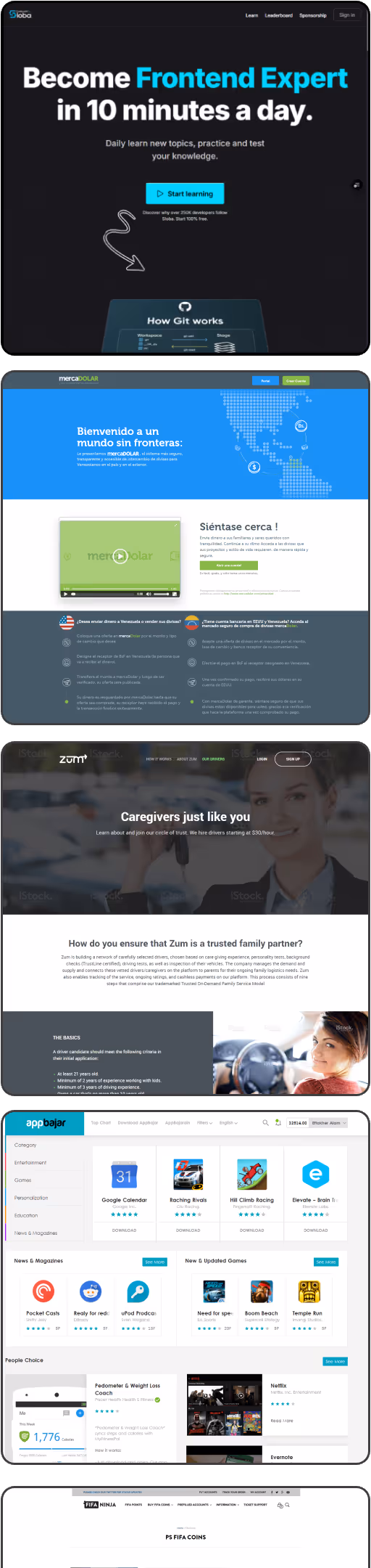 Collage of five different website homepages featuring frontend learning, currency exchange, caregiving services, app downloads, and FIFA coins sales.