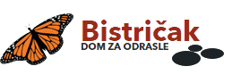 Orange and black butterfly illustration to the left of the text 'Bistrićak Dom za Odrasle' with three black oval shapes beneath the text.