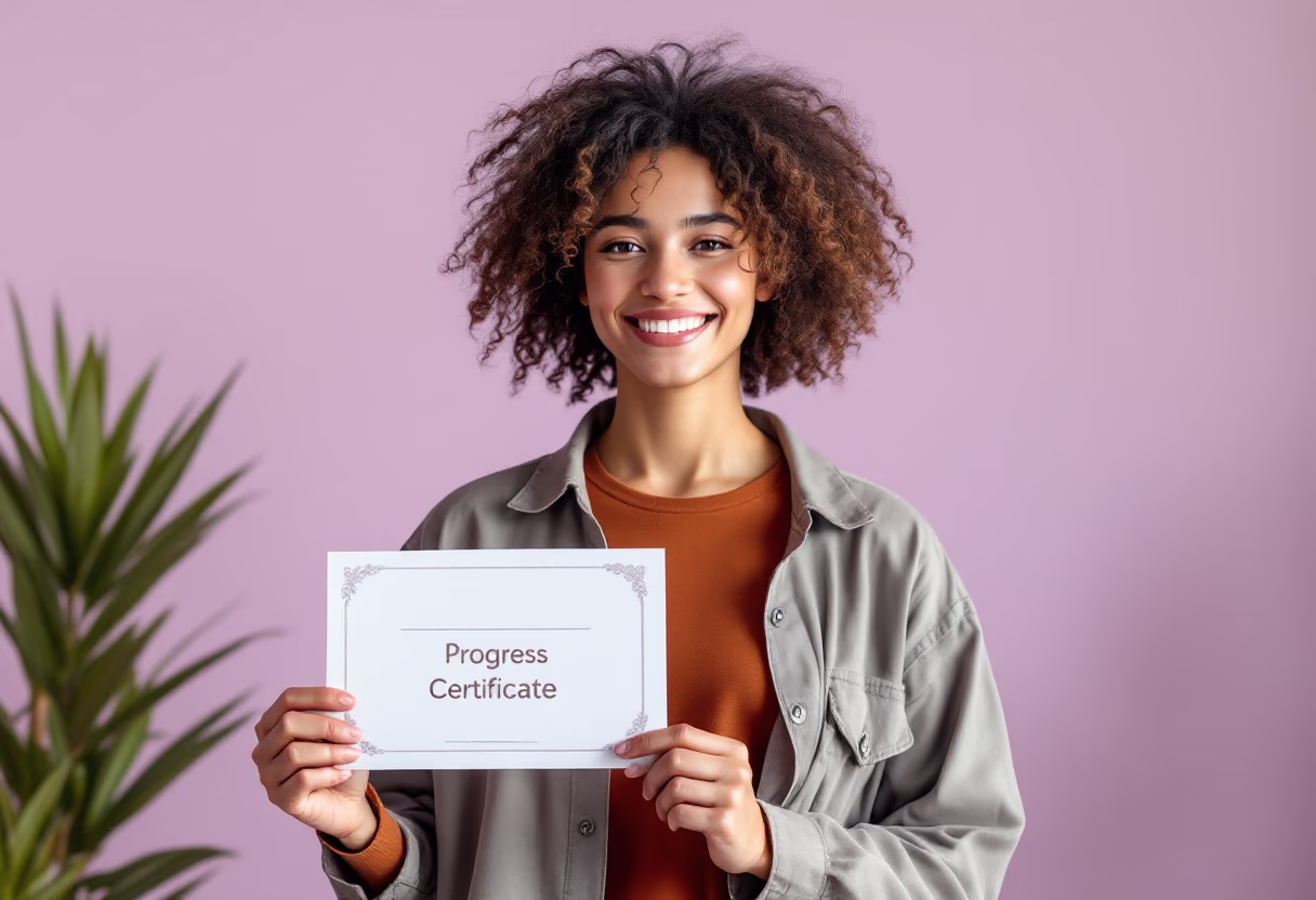 image of student holding a progress certificate