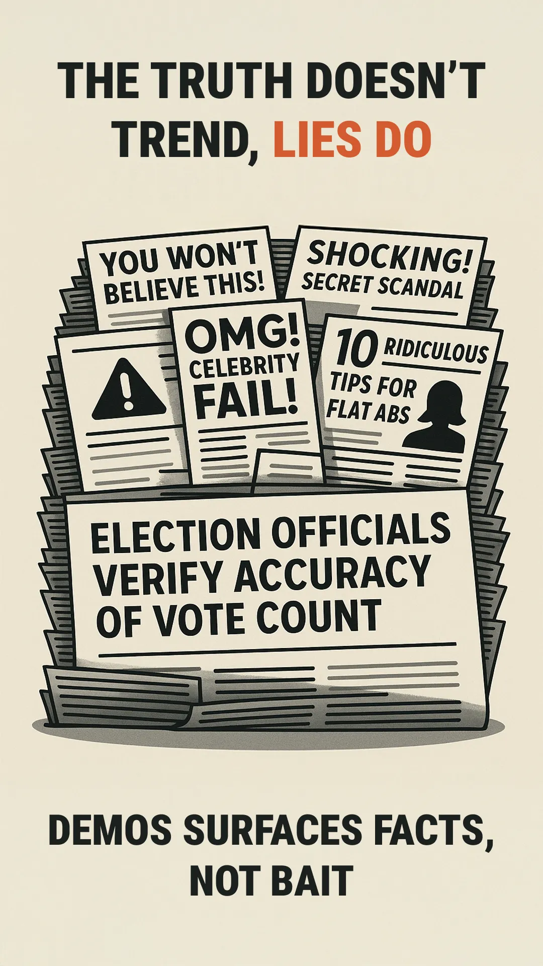 Graphic showing a stack of sensational newspaper headlines with a main headline stating 'Election officials verify accuracy of vote count' and text above and below stating 'The truth doesn’t trend, lies do' and 'Demos surfaces facts, not bait.'