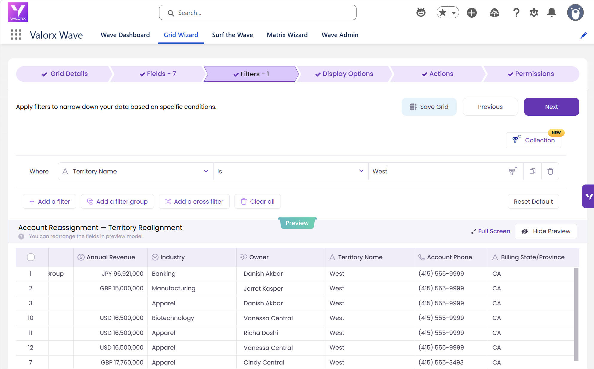 : Wave Grid Wizard filter step narrowing Salesforce accounts to the West territory