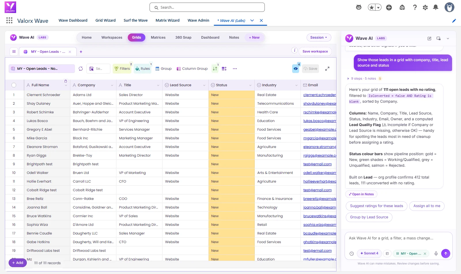 Wave AI grid of 111 open leads with no rating