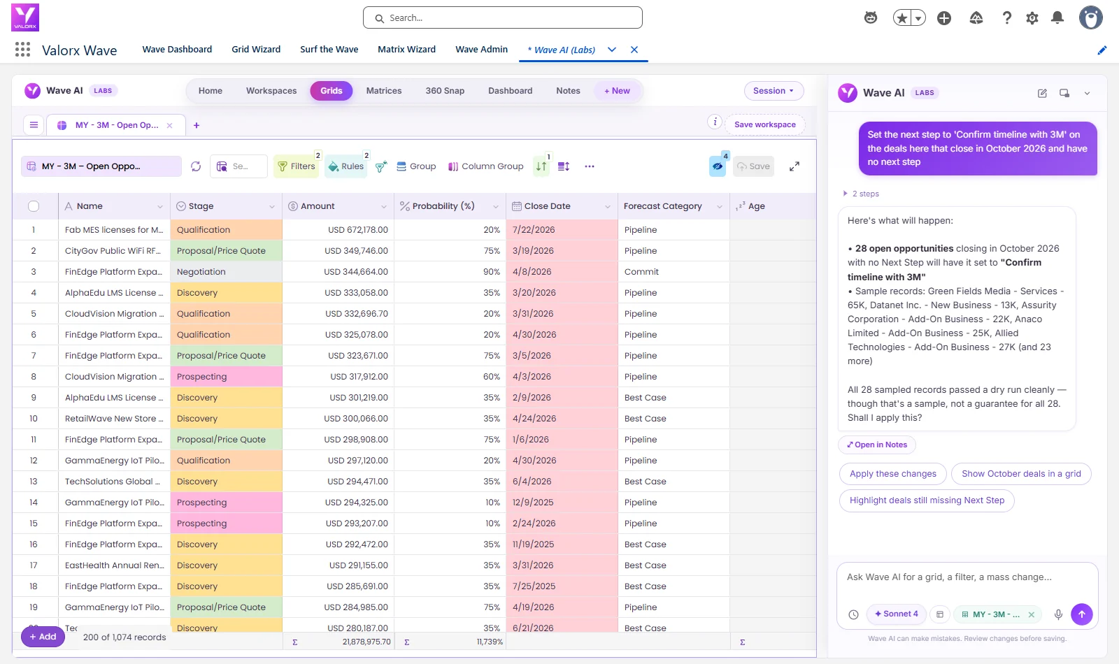 Wave AI reviewing a next step change on 28 of 3M's October deals