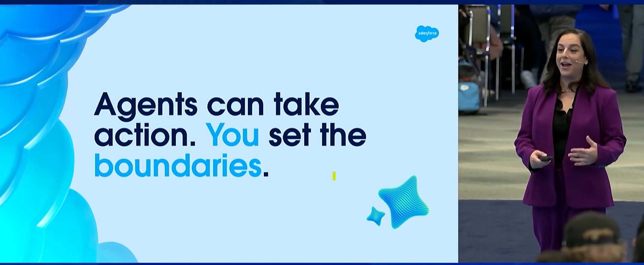 Dreamforce 2026 admin keynote slide reading "Agents can take action. You set the boundaries."