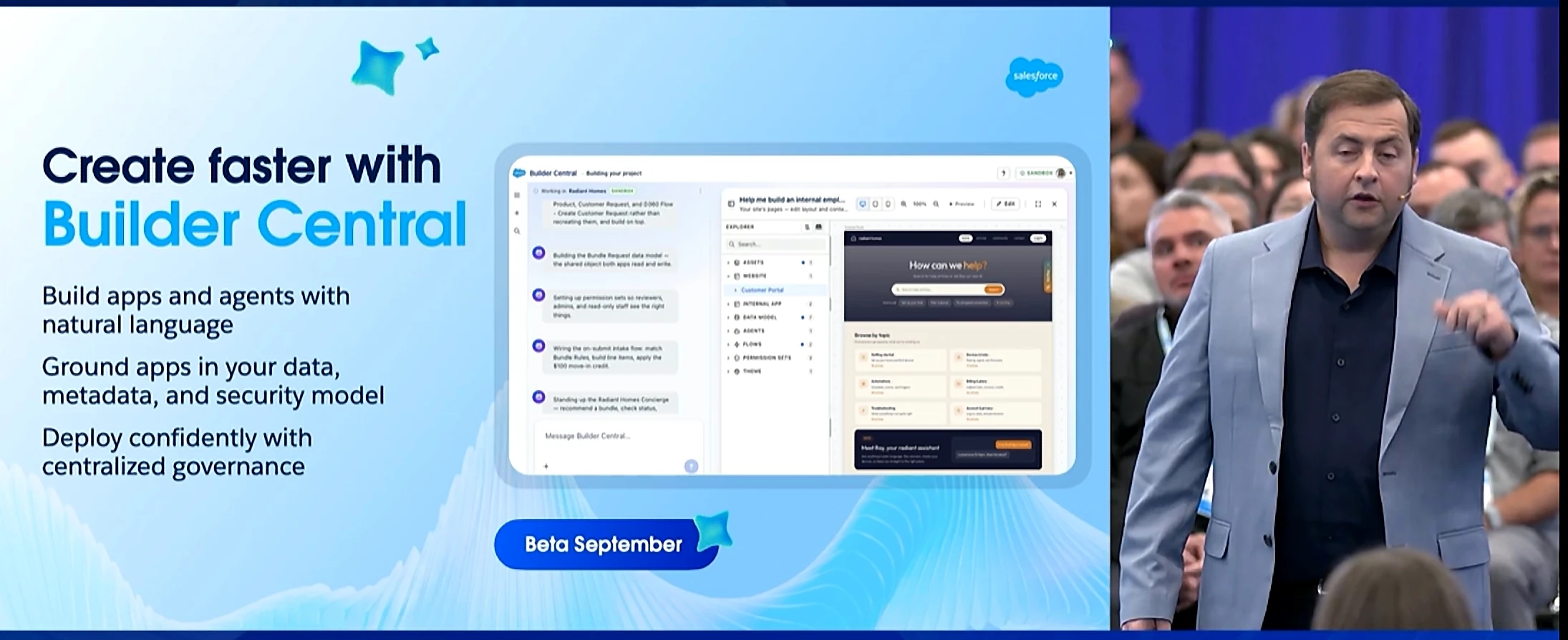 Dreamforce 2026 slide introducing Builder Central for building apps and agents with natural language, in beta from September.