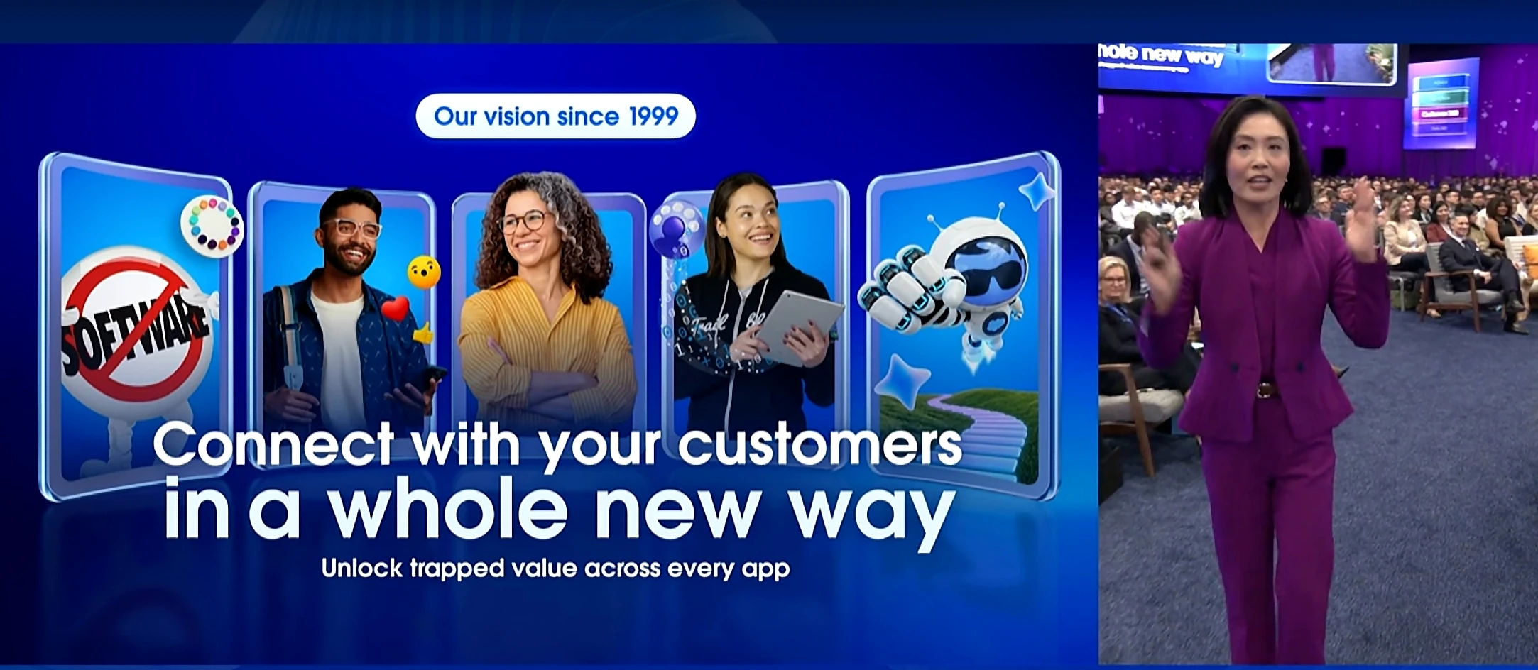 Dreamforce 2026 slide captioned "Our vision since 1999," showing Salesforce's crossed-out "Software" mark beside the line "Connect with your customers in a whole new way."