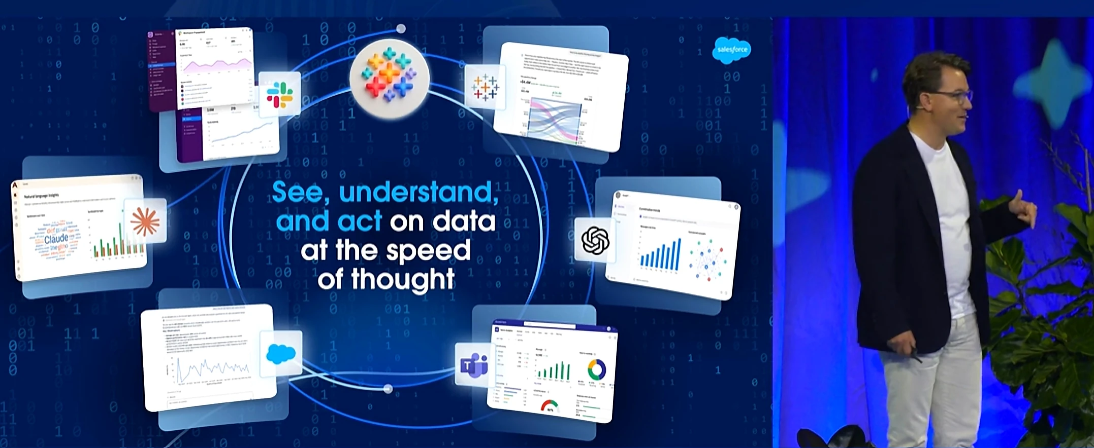 Dreamforce 2026 Tableau keynote slide, "See, understand, and act on data at the speed of thought," showing analytics inside Slack, Teams, Salesforce, ChatGPT and Claude.