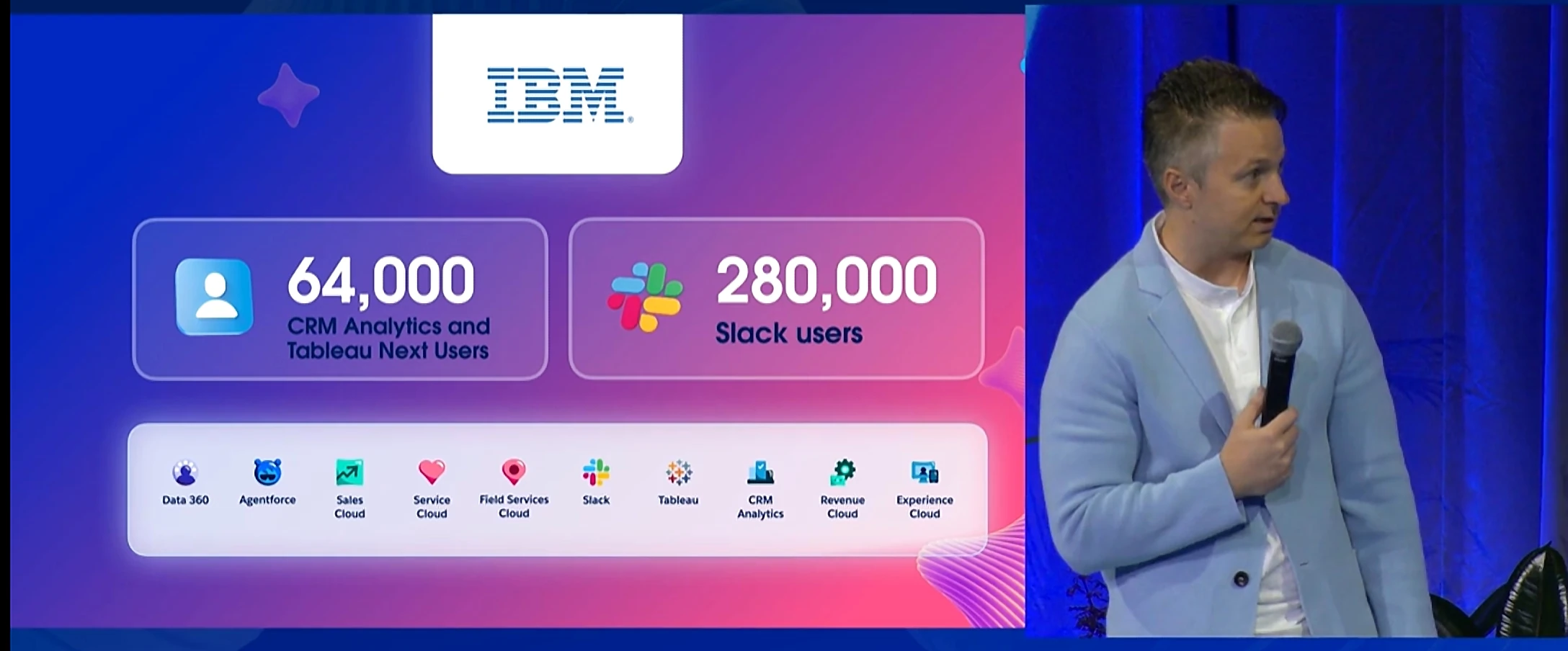 IBM slide from the Dreamforce 2026 Tableau keynote showing 64,000 CRM Analytics and Tableau Next users, 280,000 Slack users, and the Salesforce products IBM runs.