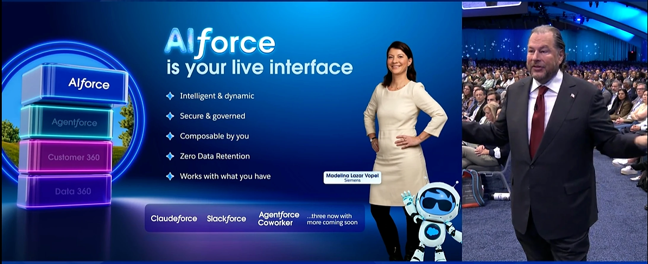 Dreamforce 2026 slide: AIforce is your live interface, intelligent, secure and governed, composable, with zero data retention, shown above Claudeforce, Slackforce and Agentforce Coworker.
