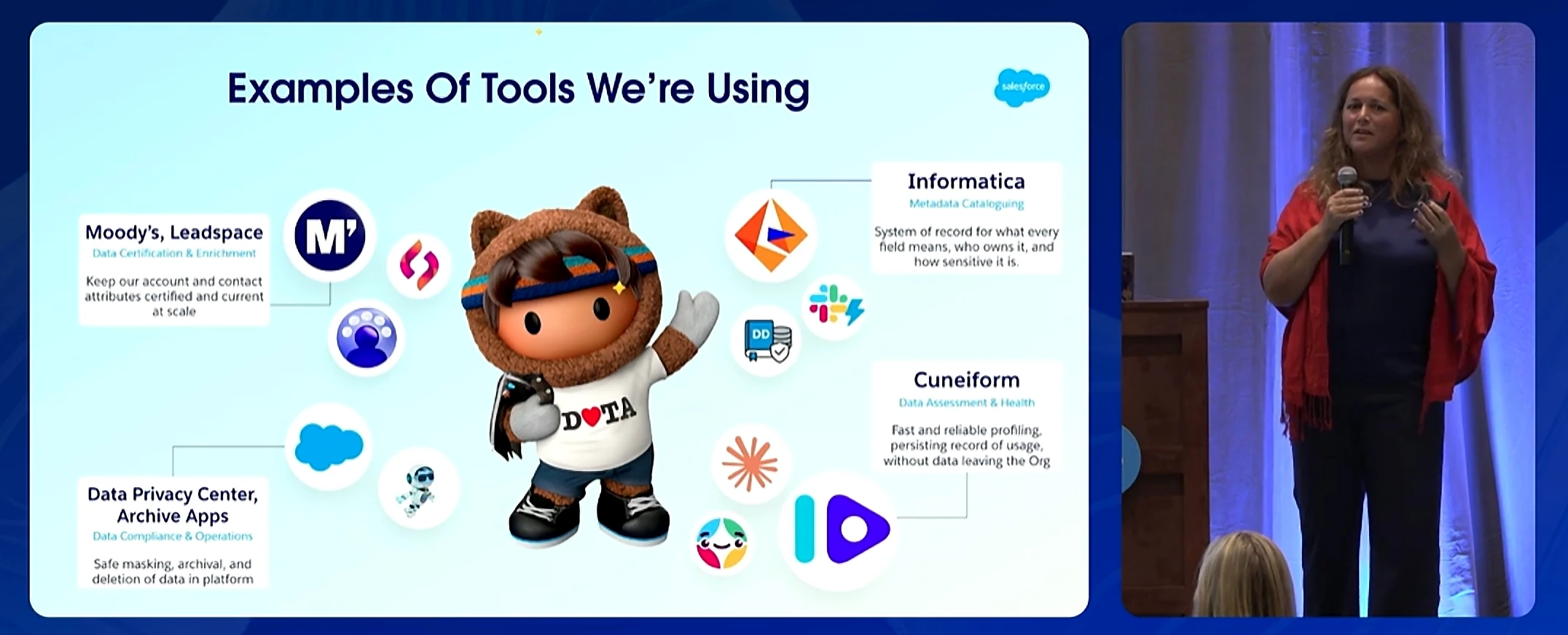 Dreamforce 2026 slide: examples of data tools Salesforce uses on its own org, including Moody's and Leadspace for data certification and enrichment, Informatica for metadata cataloguing, Cuneiform for data assessment, and Data Privacy Center and archive apps.