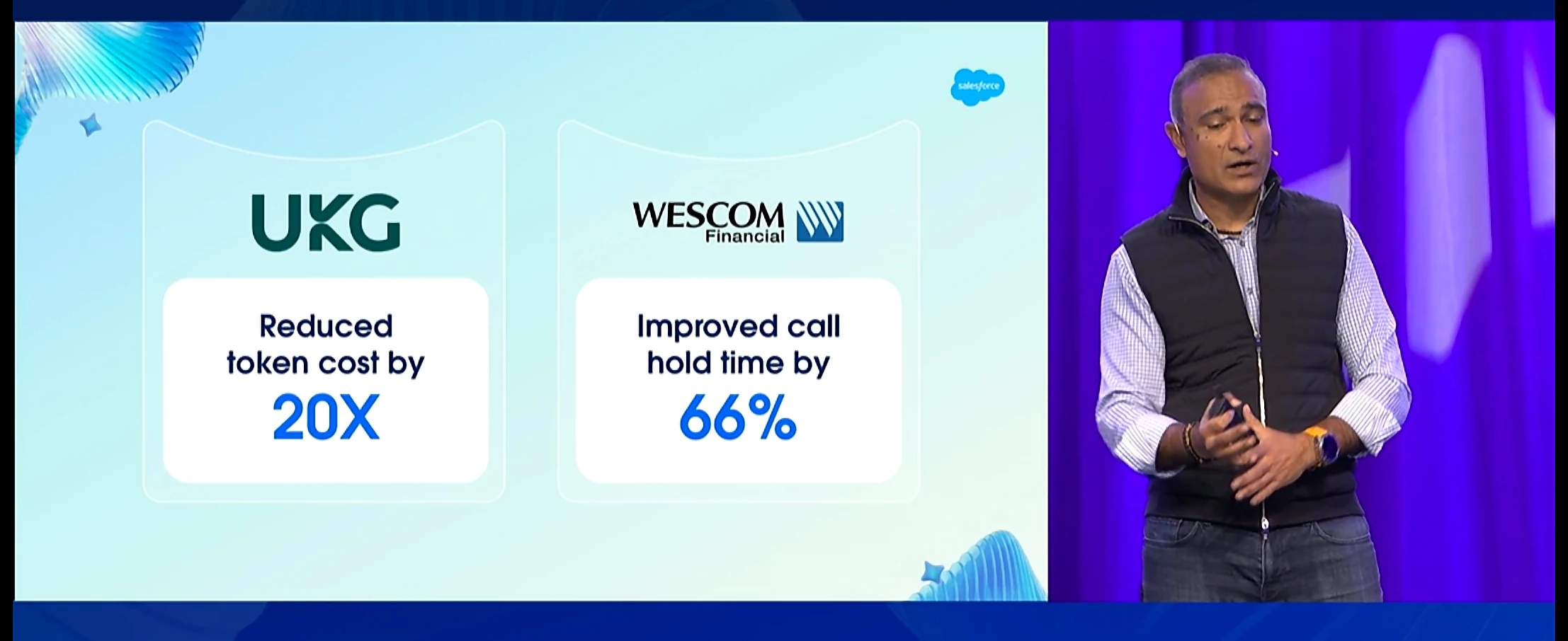 Dreamforce 2026 slide showing UKG reduced token cost by 20 times and Wescom Financial improved call hold time by 66 percent.
