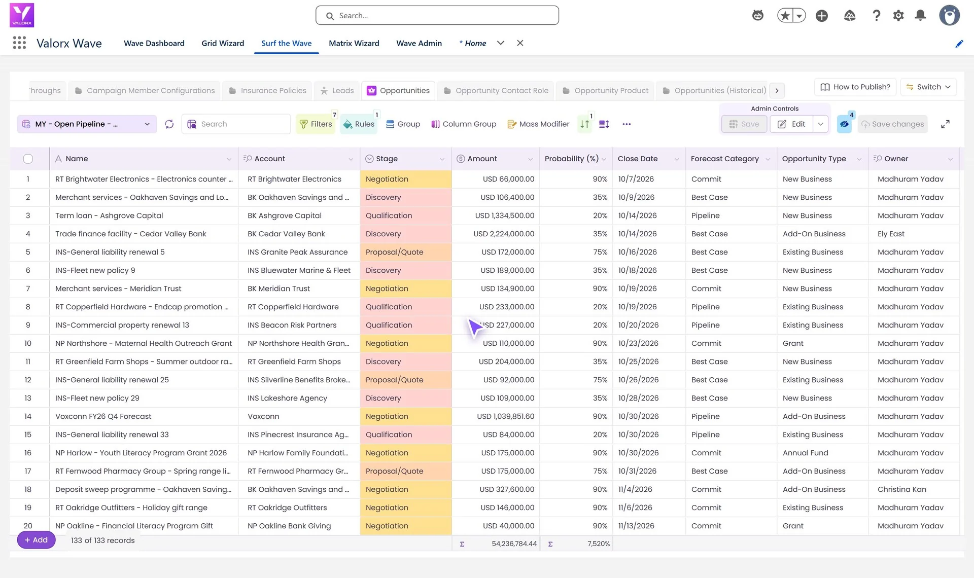 A Valorx Wave grid inside Salesforce showing a full pipeline on one page