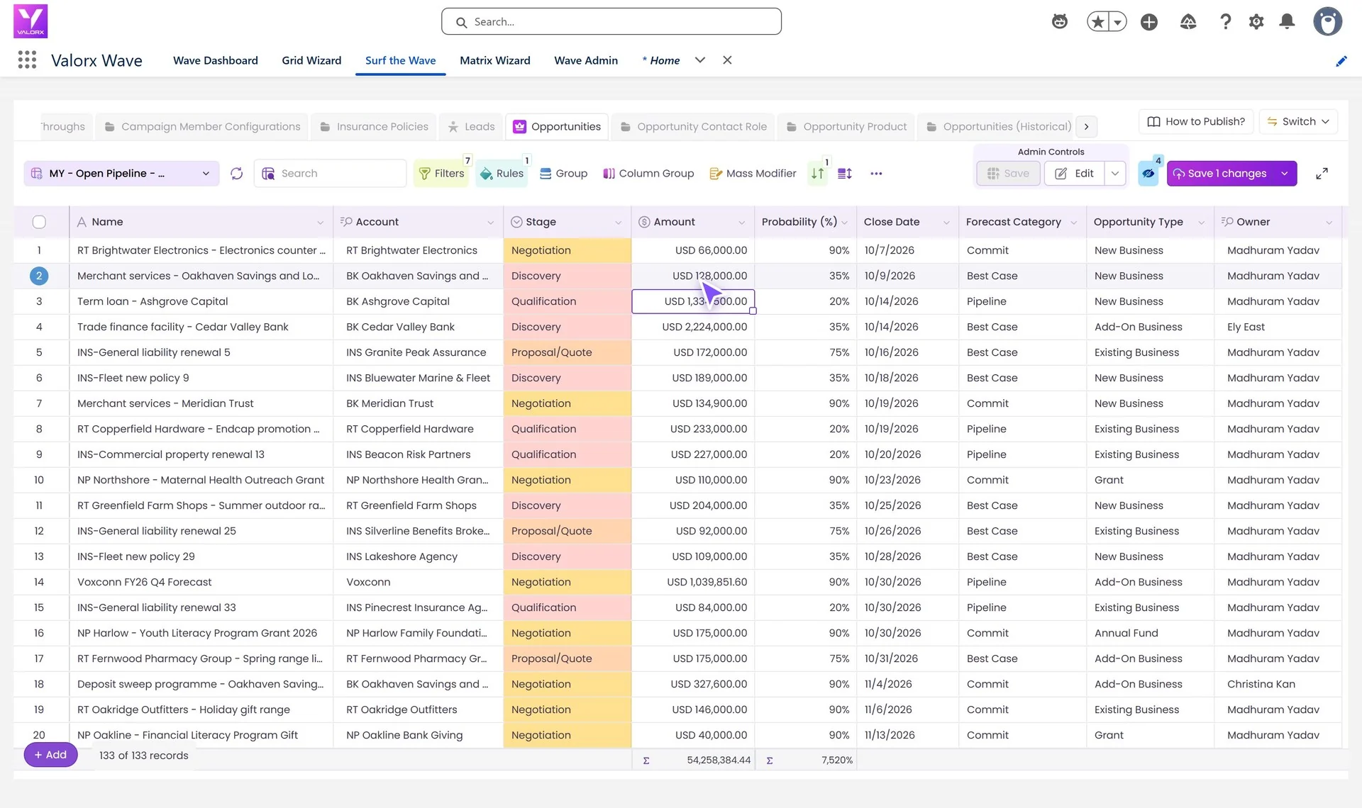 Editing a cell in a Valorx Wave grid inside Salesforce