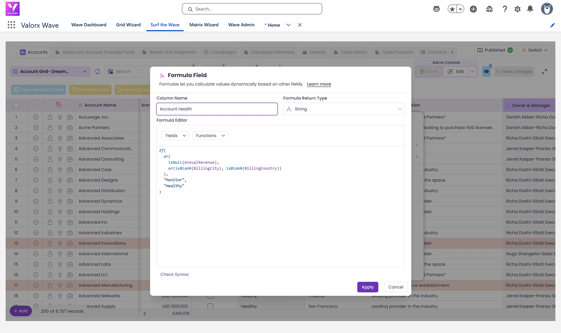 The formula editor open on a column in a Valorx Wave grid inside Salesforce