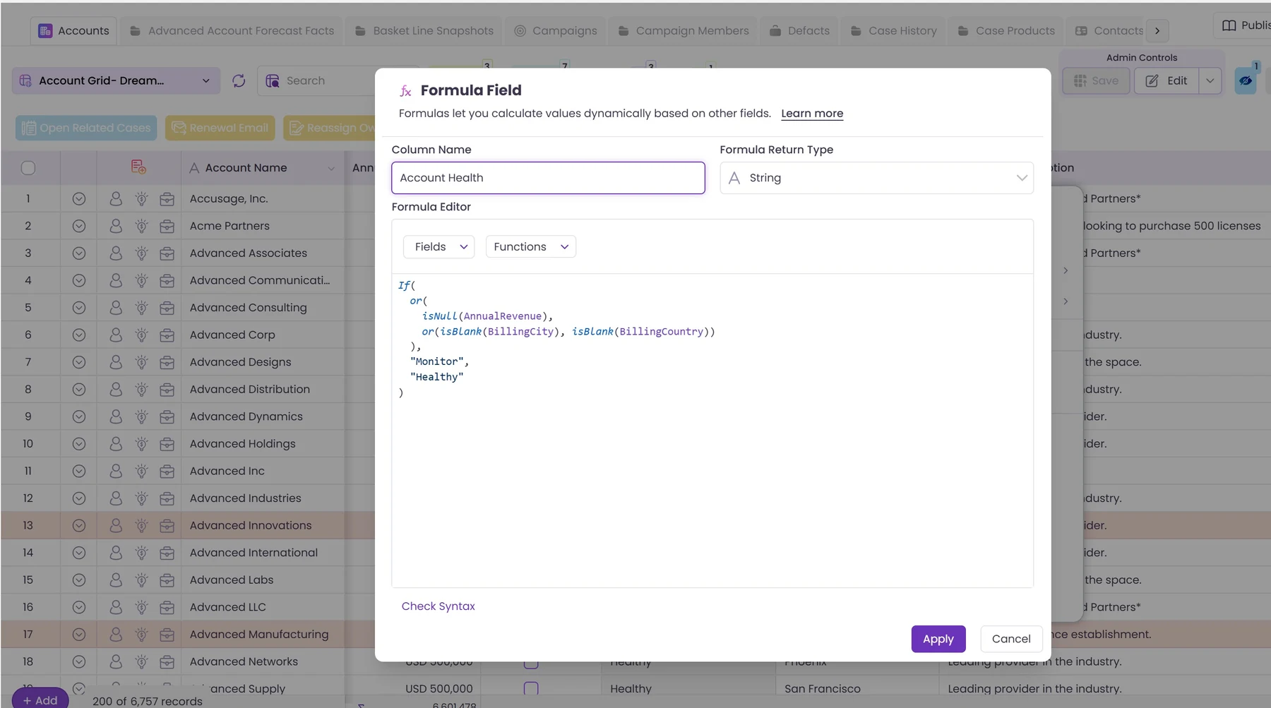 Formula Field editor in a Valorx Wave grid inside Salesforce