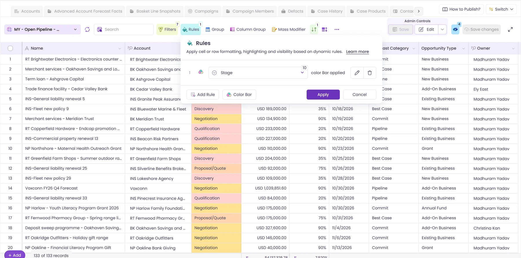 A colour rule on Stage in a Valorx Wave pipeline grid inside Salesforce