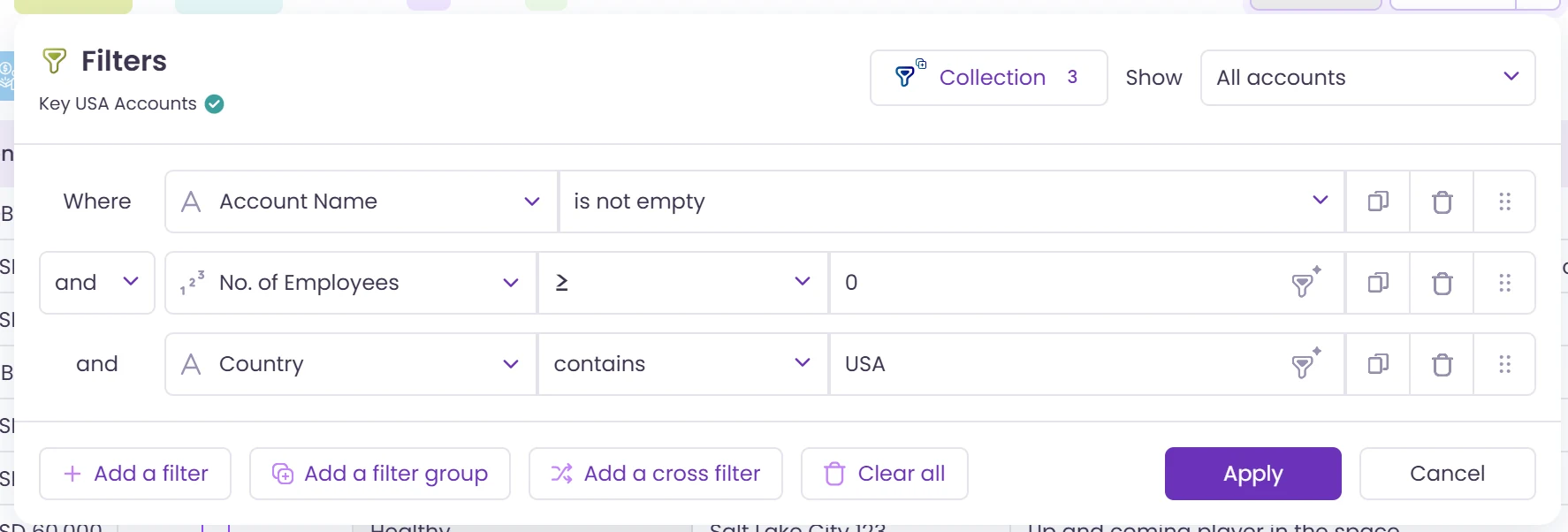 Filters panel with three conditions in a Valorx Wave grid inside Salesforce