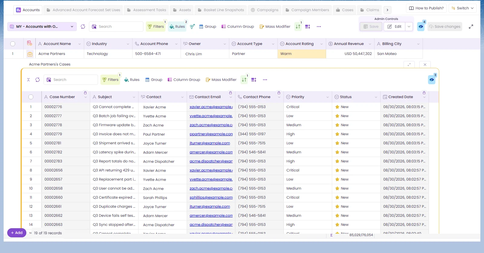 Related cases open under an account row in a Valorx Wave grid inside Salesforce