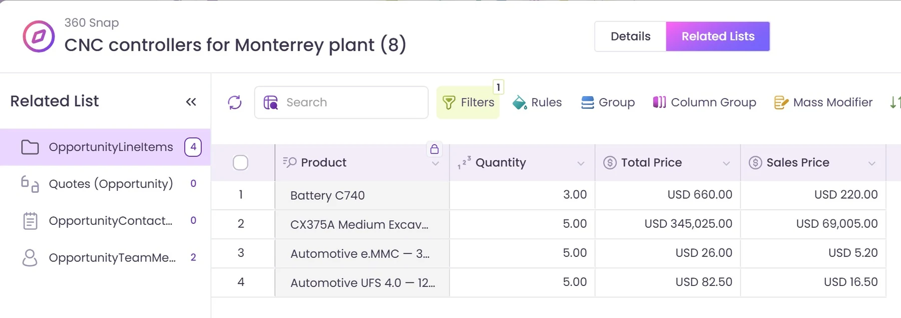 360 Snap panel showing opportunity line items in a Valorx Wave grid inside Salesforce