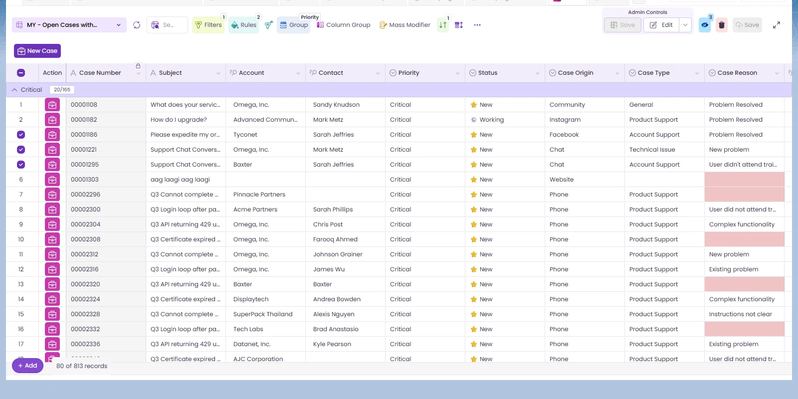 Row action buttons on a Cases grid in Valorx Wave inside Salesforce