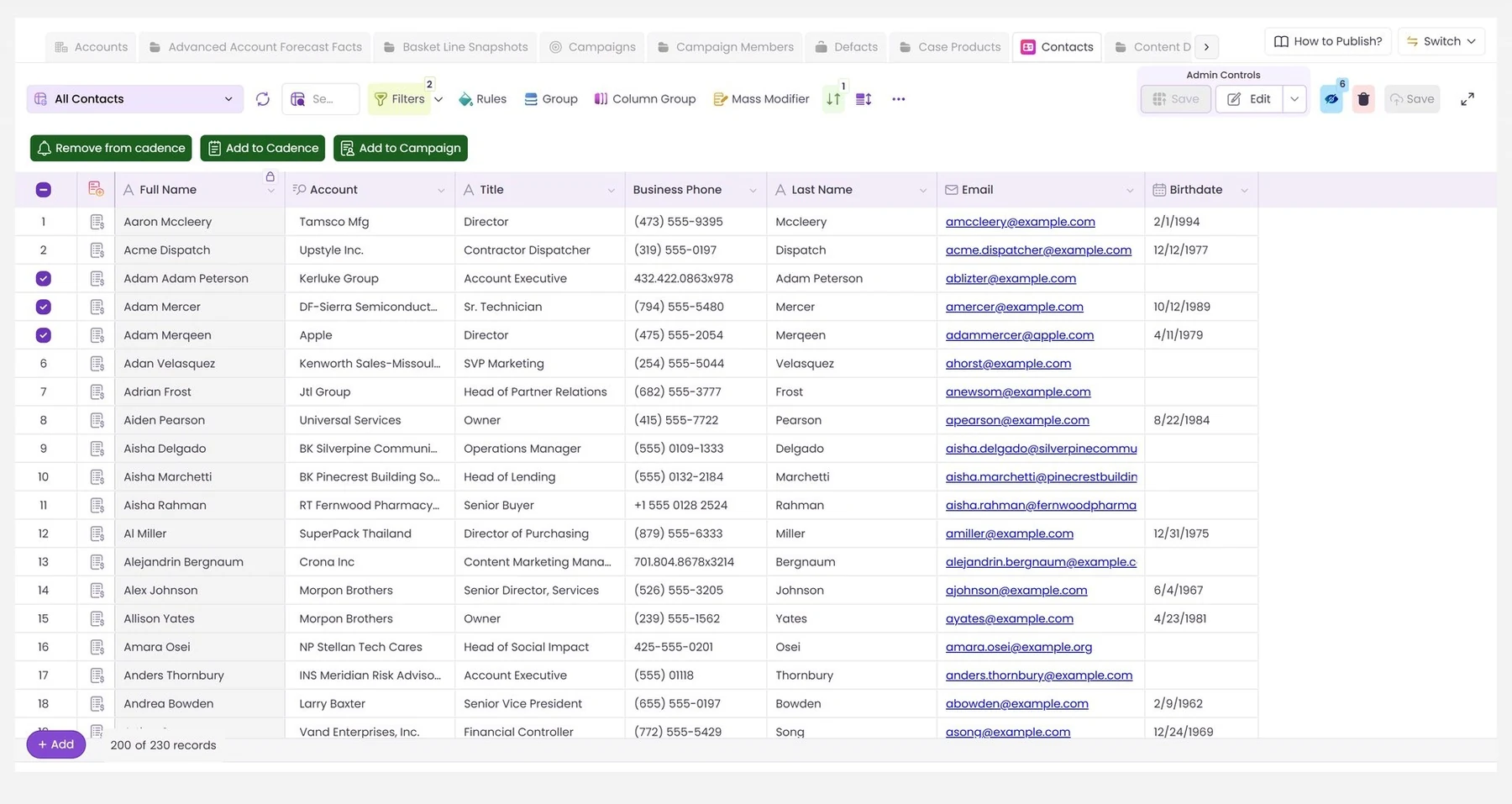 Action buttons above a Contacts grid in Valorx Wave inside Salesforce
