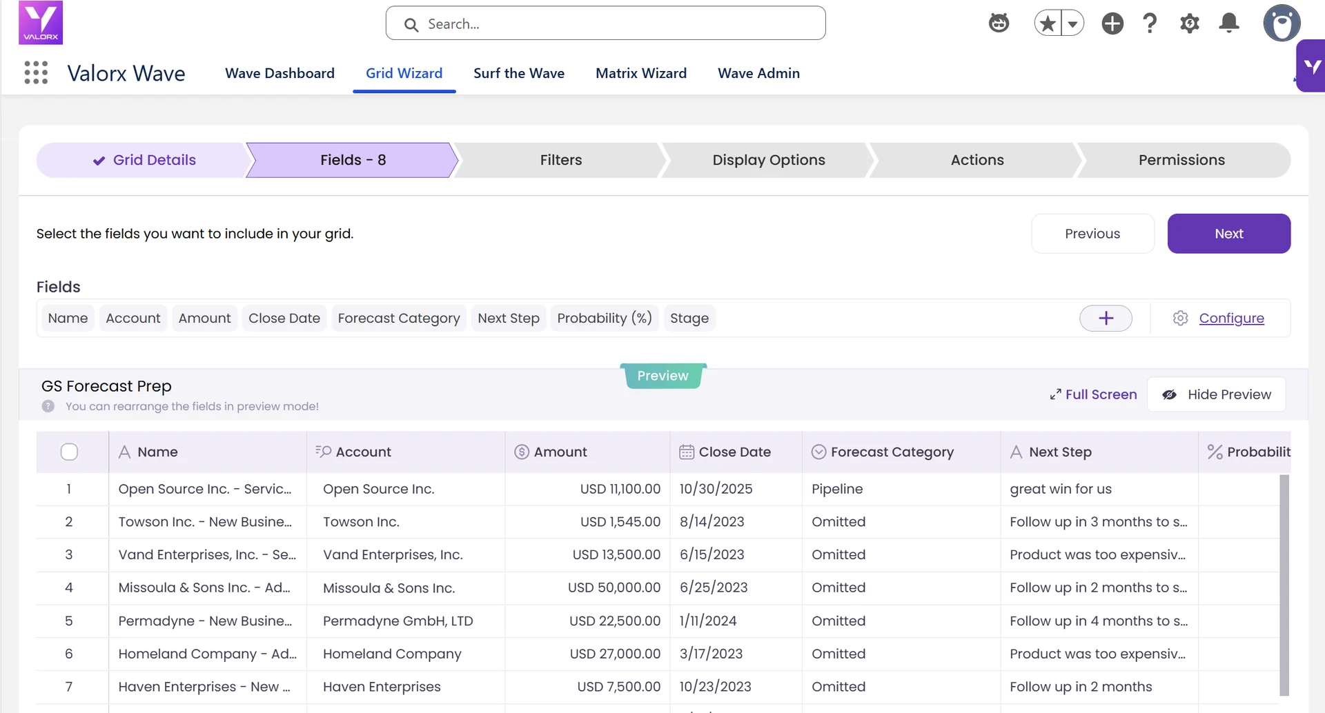 Grid Wizard Fields step with eight Opportunity fields added: Name, Account, Amount, Close Date, Forecast Category, Next Step, Probability and Stage