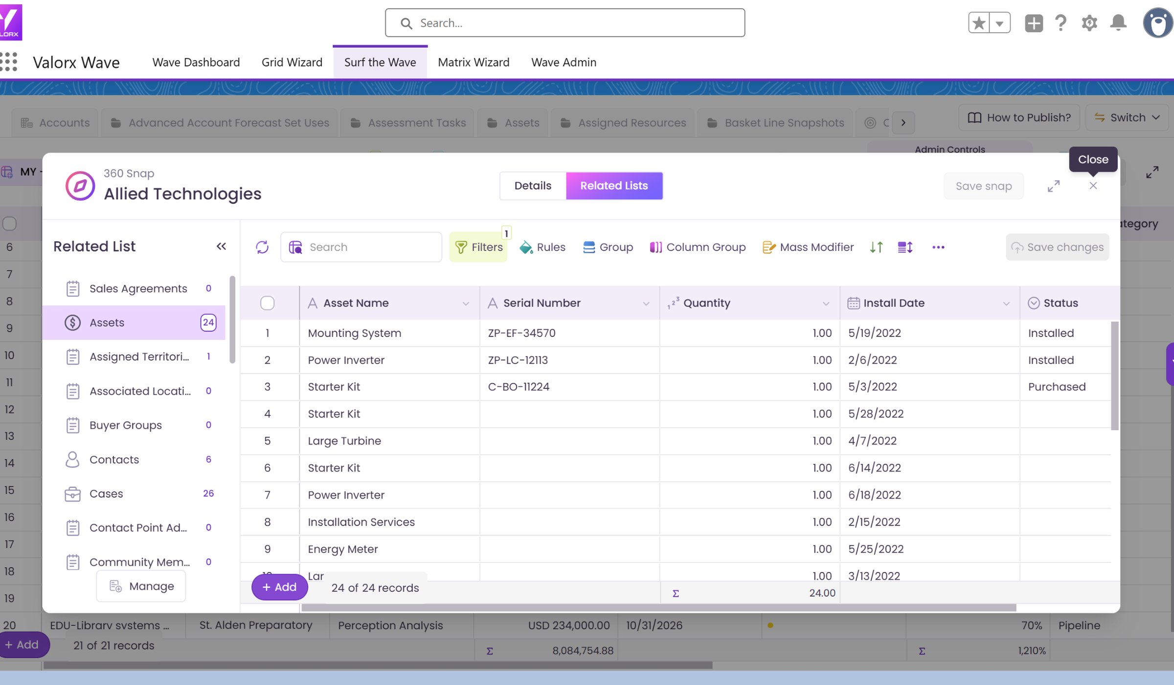 360 Snap in Wave showing an account with its related assets