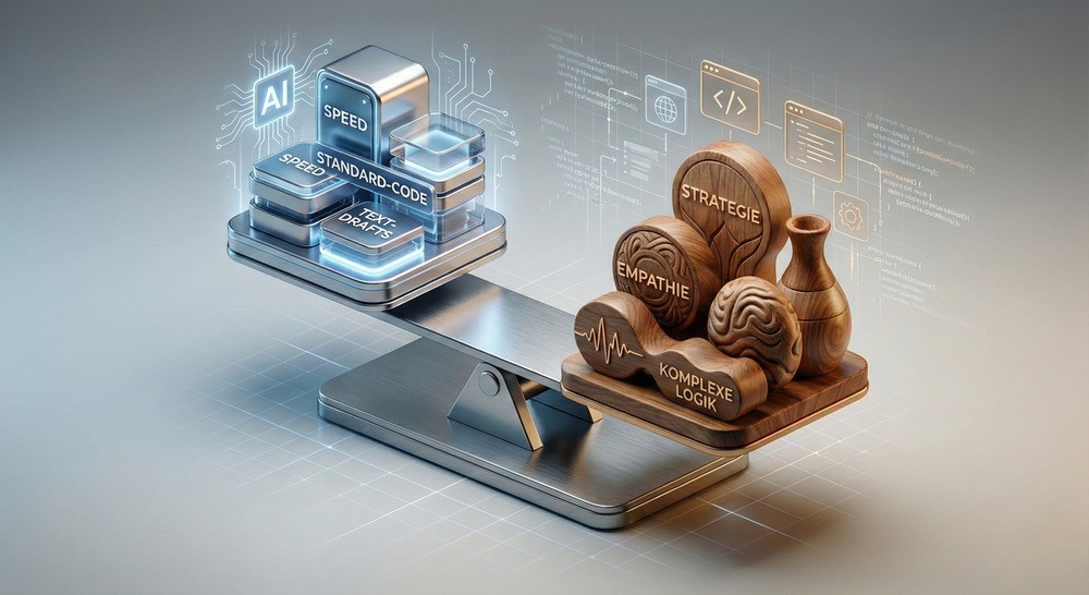 3D-Visualisierung einer Waage im Vergleich KI vs. Webdesigner: Die KI-Seite mit 'Speed' und 'Standard-Code' ist leichter als die menschliche Seite, die durch 'Strategie', 'Empathie' und 'Komplexe Logik' schwerer wiegt.