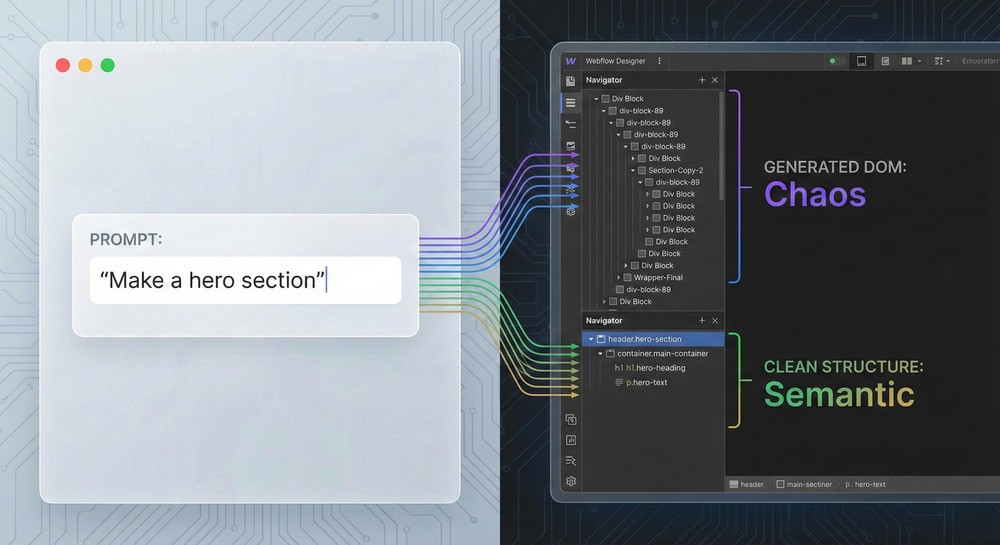 Split-Screen Grafik: Links ein KI-Eingabefeld mit dem Prompt 'Make a hero section', rechts der resultierende Webflow Navigator, der die komplexe HTML-Struktur und Div-Blöcke anzeigt.