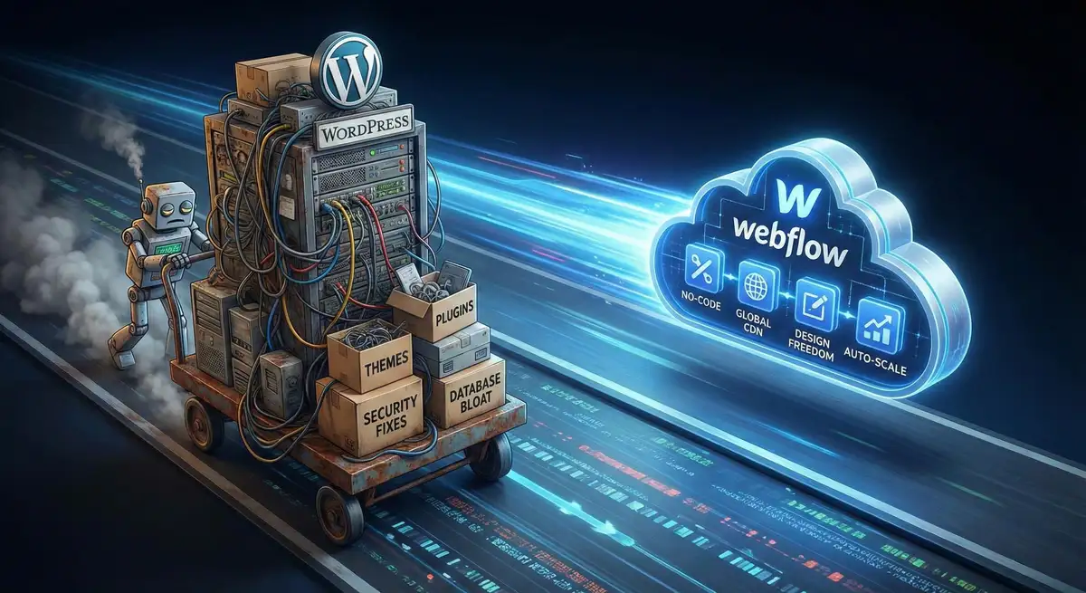Illustration eines ungleichen Wettrennens: Ein veralteter, mit Plugins überladener WordPress-Server hinkt einer schnellen, modernen Webflow Cloud-Architektur hinterher.