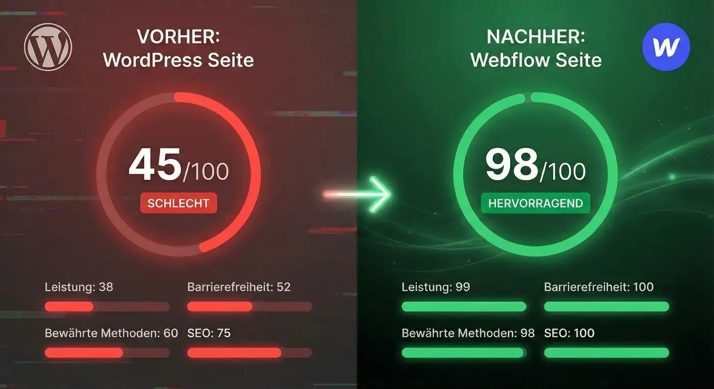 Google Lighthouse Performance Diagramm: Zeigt einen schlechten Score von 45 für eine WordPress-Site im Vergleich zu einem optimierten Score von 98 für Webflow.