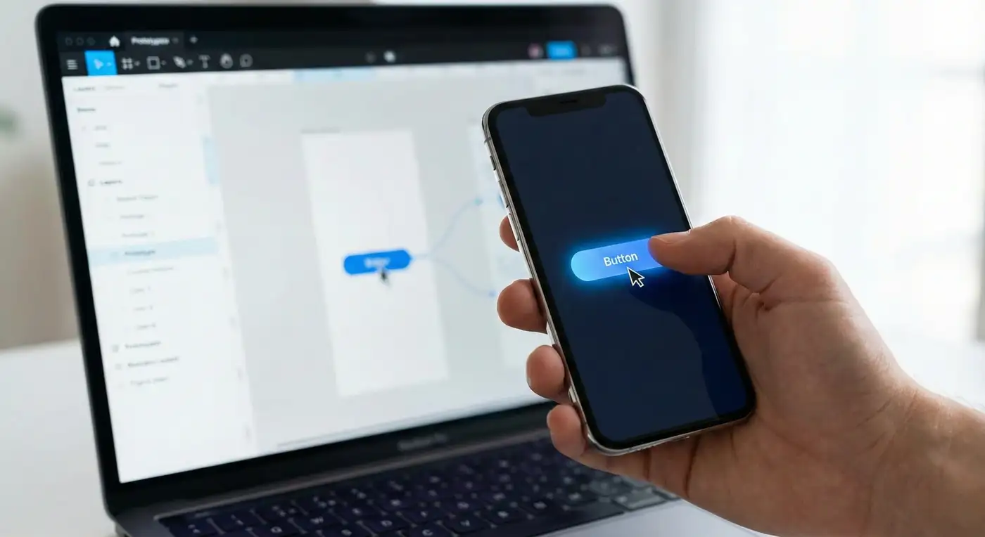 Smartphone in einer Hand zeigt klickbaren Figma-Prototypen, im Hintergrund unscharf ein Laptop mit Interface-Design.