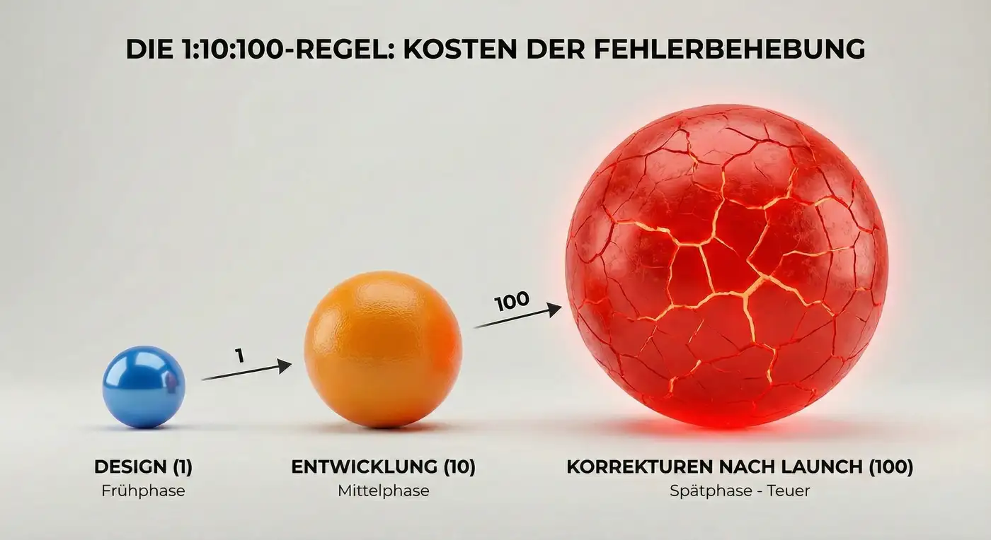 3D-Infografik der 1-10-100 Regel: Vergleich der steigenden Kosten für Fehlerbehebung von Design (klein) über Entwicklung (mittel) bis hin zu teuren Post-Launch Fixes (groß, rot).