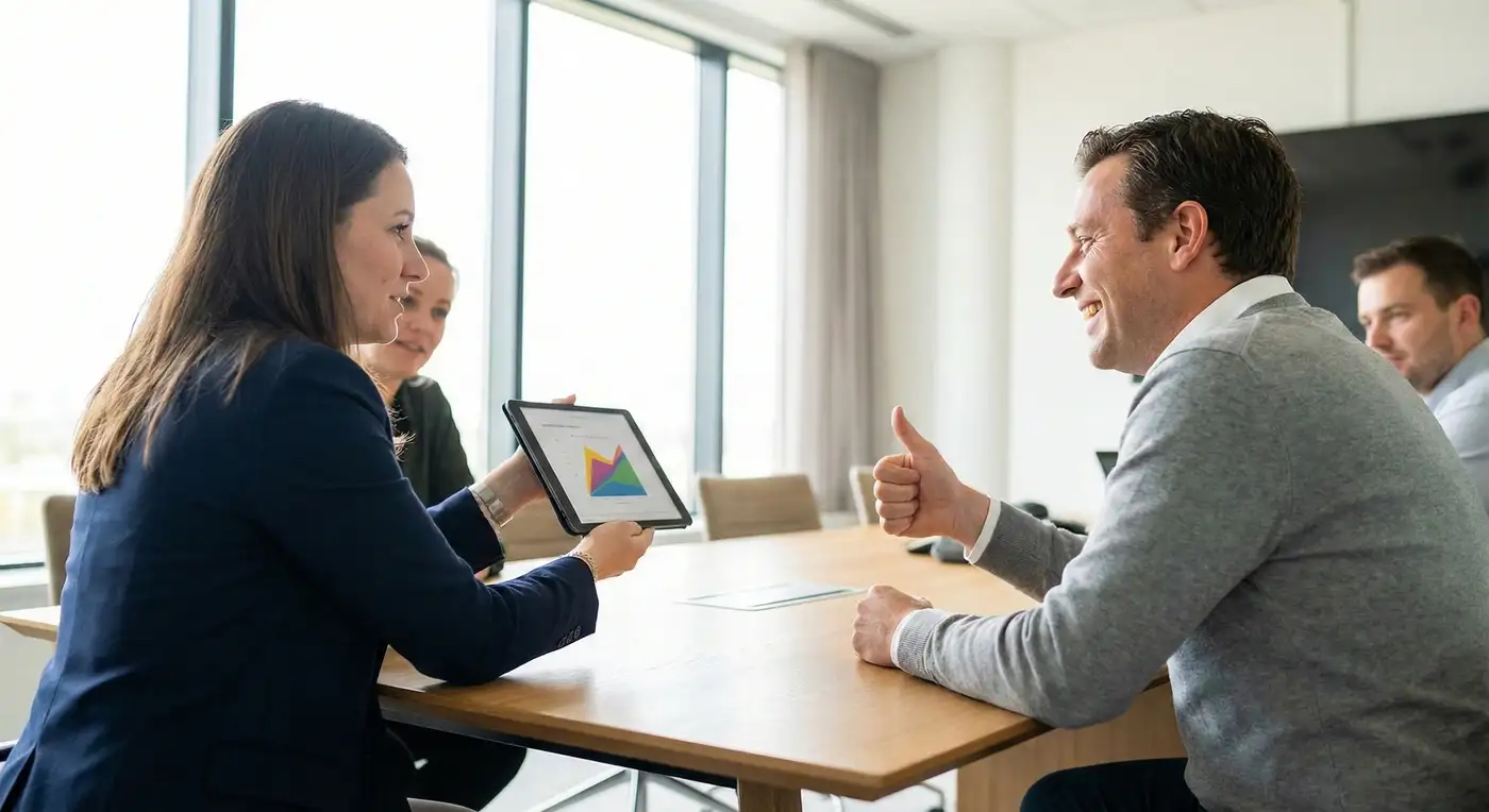 Erfolgreiches Kunden-Meeting in einer Agentur: Ein Designer zeigt Entwürfe auf einem Tablet, der Kunde signalisiert Zufriedenheit mit einem Daumen hoch.