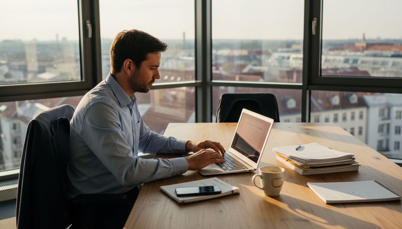 Der Unternehmer prüft den Marketingbericht zur Landingpage.