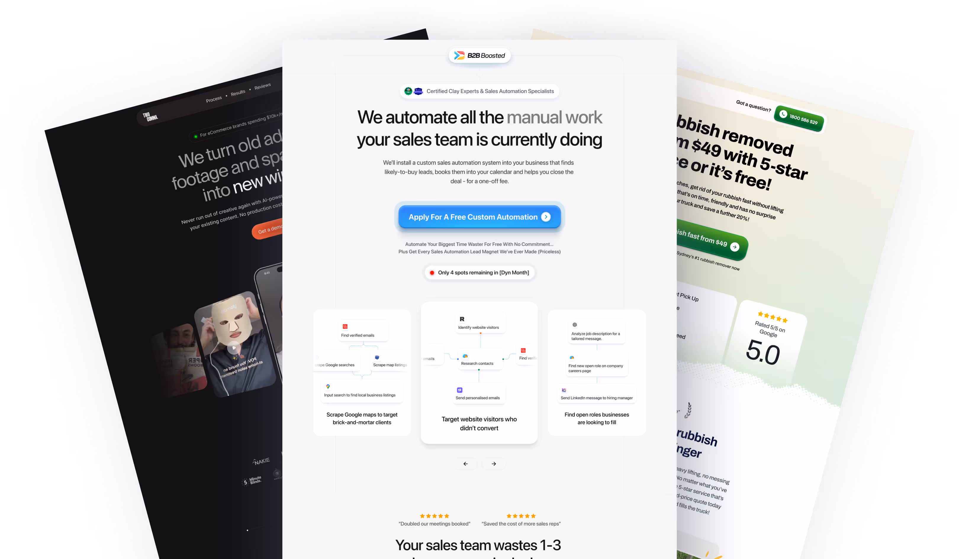 Marketing webpage offering automation services to replace manual sales work, with a prominent button for free custom automation and diagrams of processes for targeting clients and website visitors.