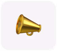 Golden megaphone icon on white rounded square background.