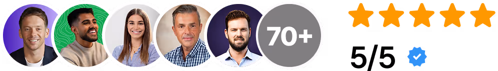 Five diverse people's profile photos in circles, a circle with '70+', five orange stars, and a blue verified checkmark.