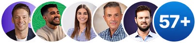 Row of six circular headshots of diverse smiling professionals with a blue circle showing '57+' at the end.