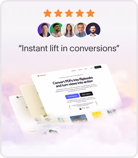 Five orange stars above five user profile pictures and the quote 'Instant lift in conversions' above a blurred screen showing a website converting PDFs into flipbooks.