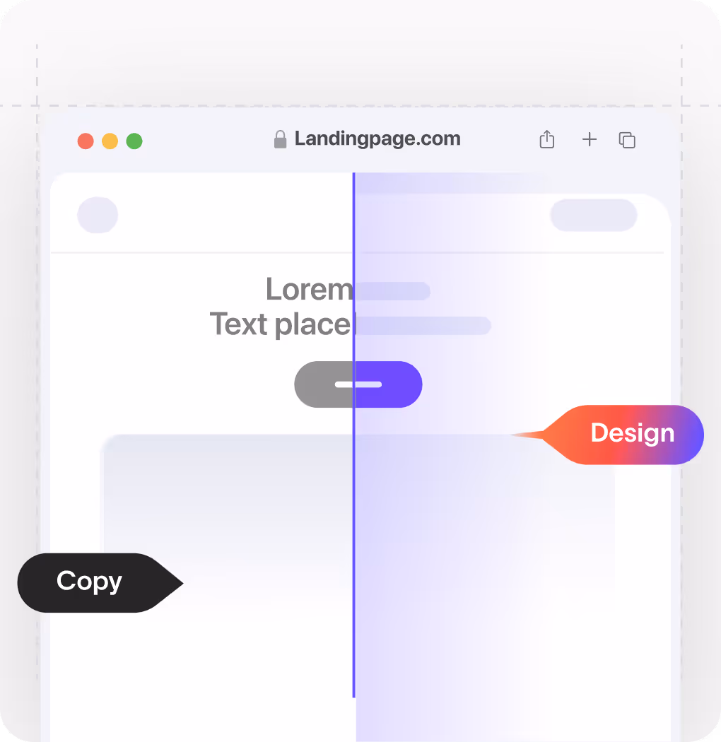 Browser window mockup split in half for Copy on the left in black label and Design on the right in gradient red to purple label.