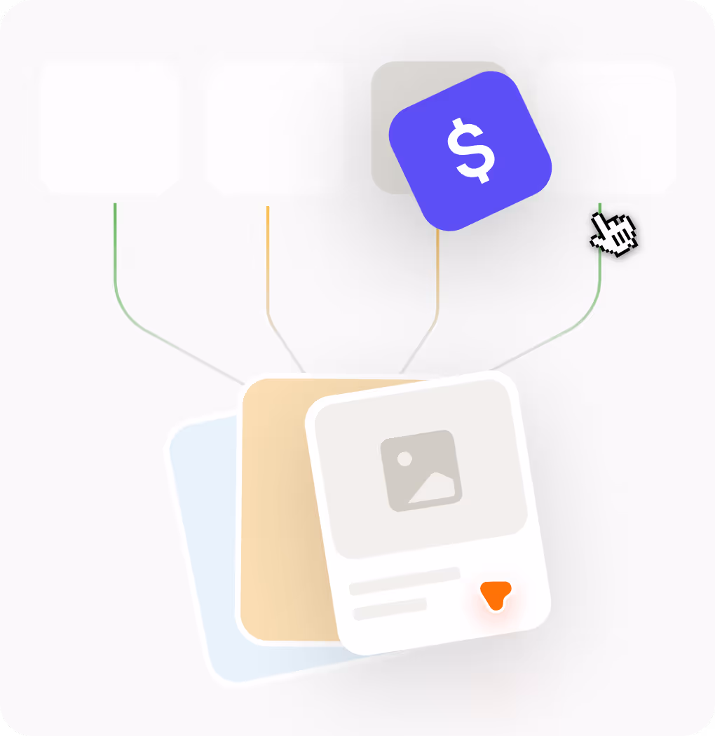 Abstract illustration showing a hand cursor clicking a green connection line leading from a stack of cards to a purple square with a white dollar sign.