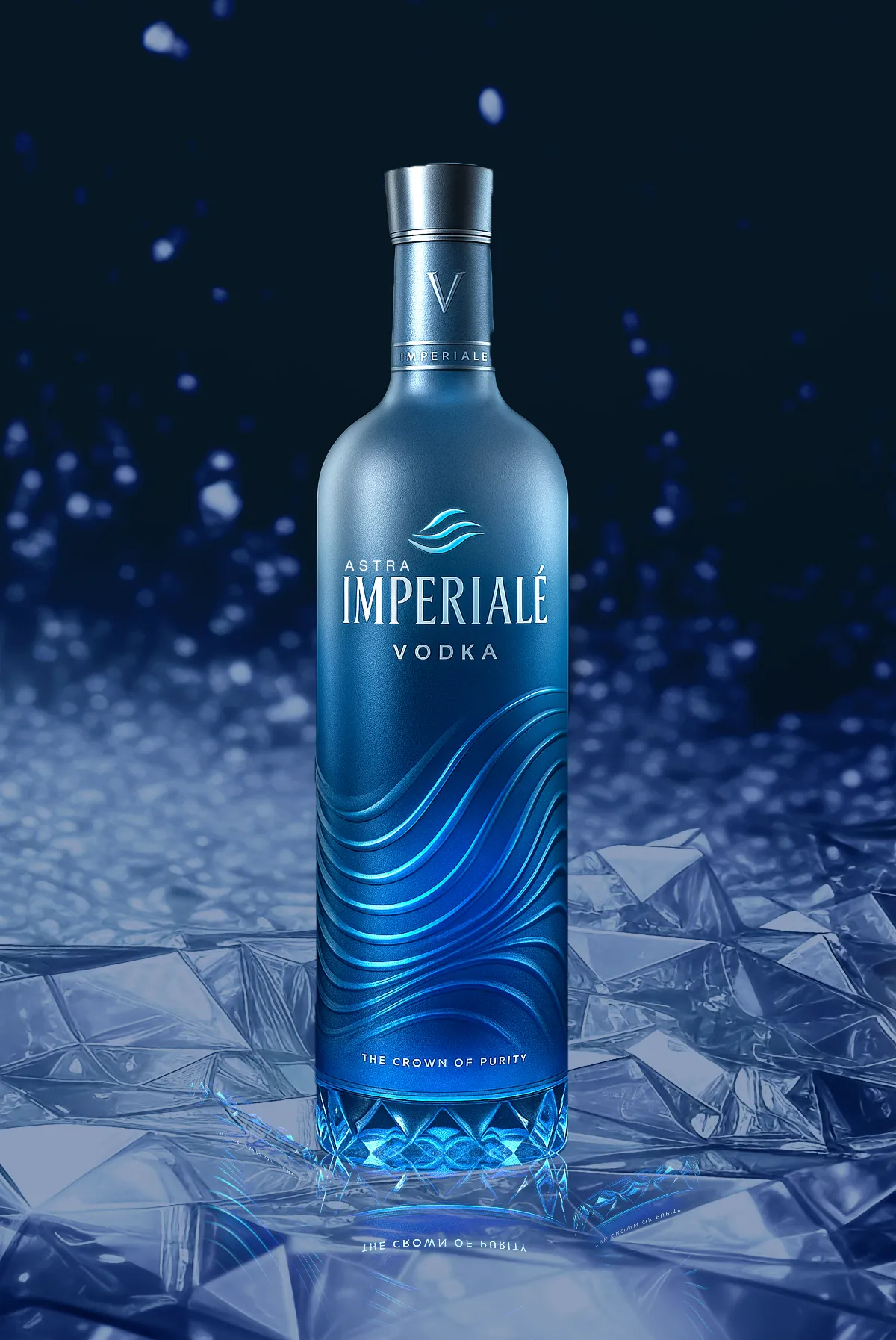 Blue Astra Imperiale vodka bottle with wave design standing on reflective icy surface against dark blue background.