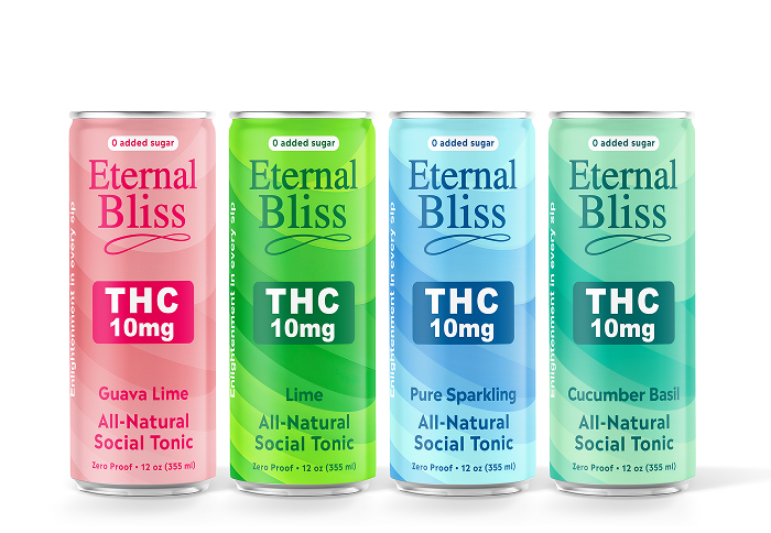 Four colorful cans of Eternal Bliss THC social tonics in flavors Guava Lime, Lime, Pure Sparkling, and Cucumber Basil, each with 10 mg THC and zero added sugar.