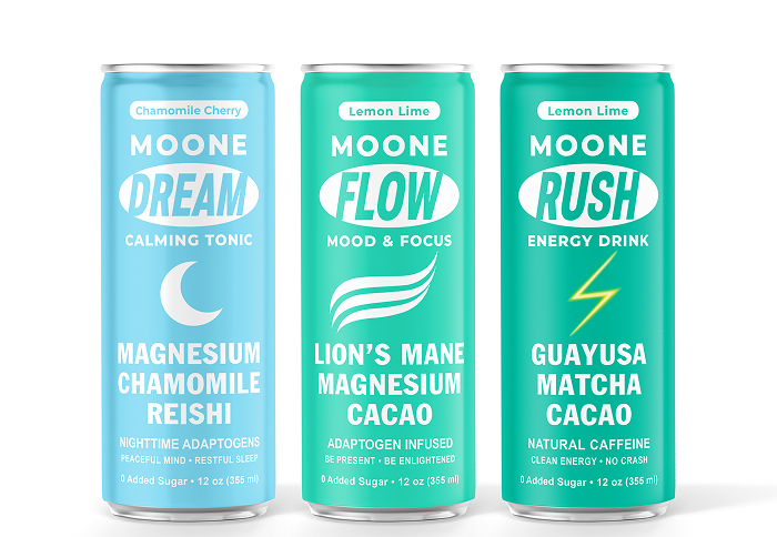 Three cans of MOONE beverages: DREAM calming tonic with magnesium, chamomile, and reishi in blue; FLOW mood and focus with lion’s mane, magnesium, and cacao in green; RUSH energy drink with guayusa, matcha, and cacao in teal.