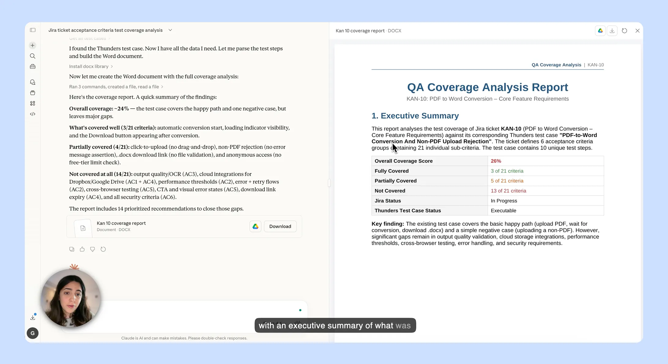 Illustration linking Jira requirements to Thunders MCP test coverage inside Claude