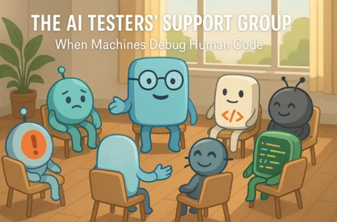 Illustration d'agents de test IA réunis pour déboguer du code humain
