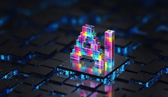 3D render of a colorful pixel-art 'AI' logo standing on a glowing digital grid