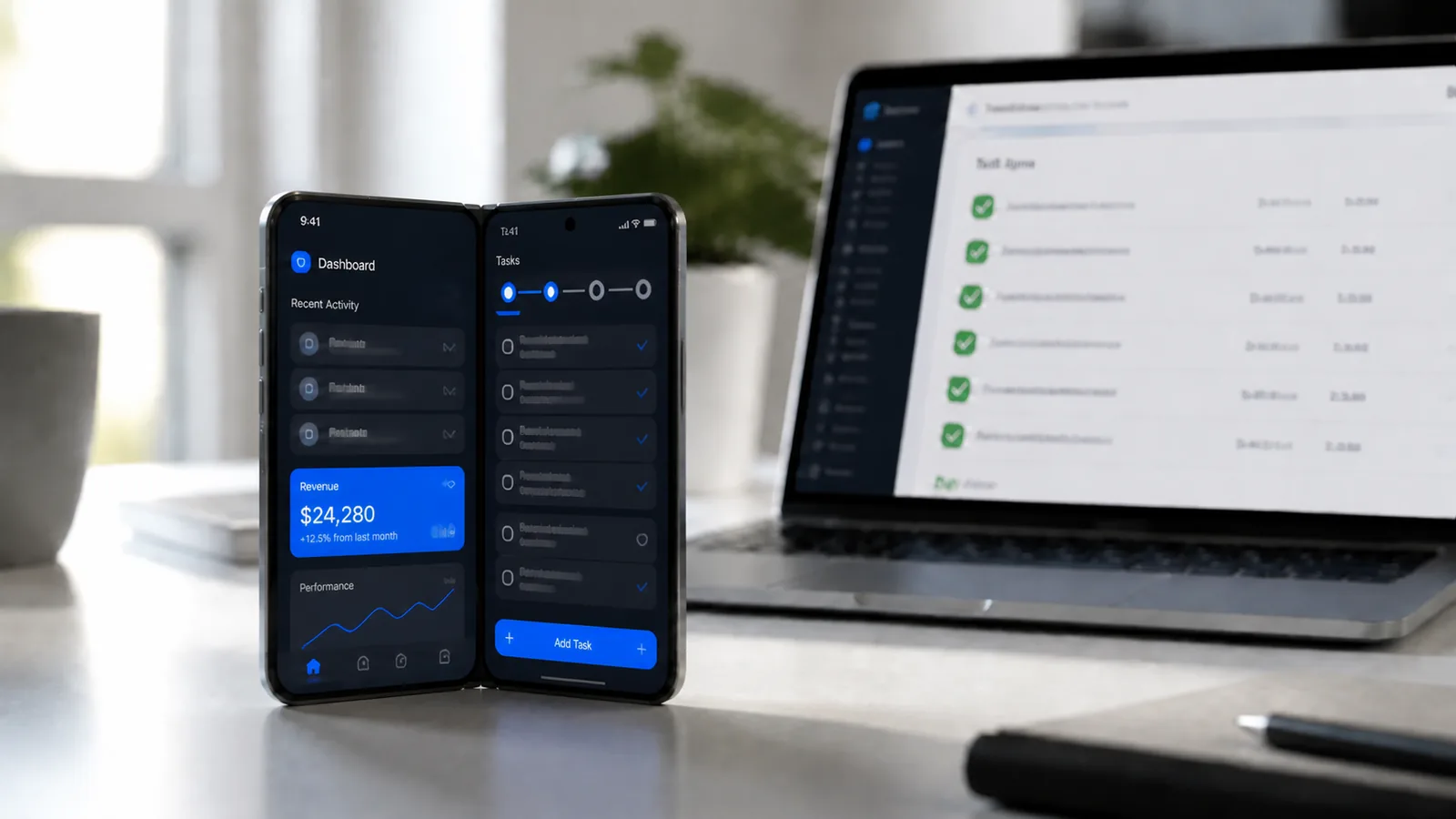 iPhone Duo à double écran déplié sur un bureau, affichant un tableau de bord sur un écran et une liste de tâches sur l'autre, à côté d'un ordinateur portable affichant les mêmes données