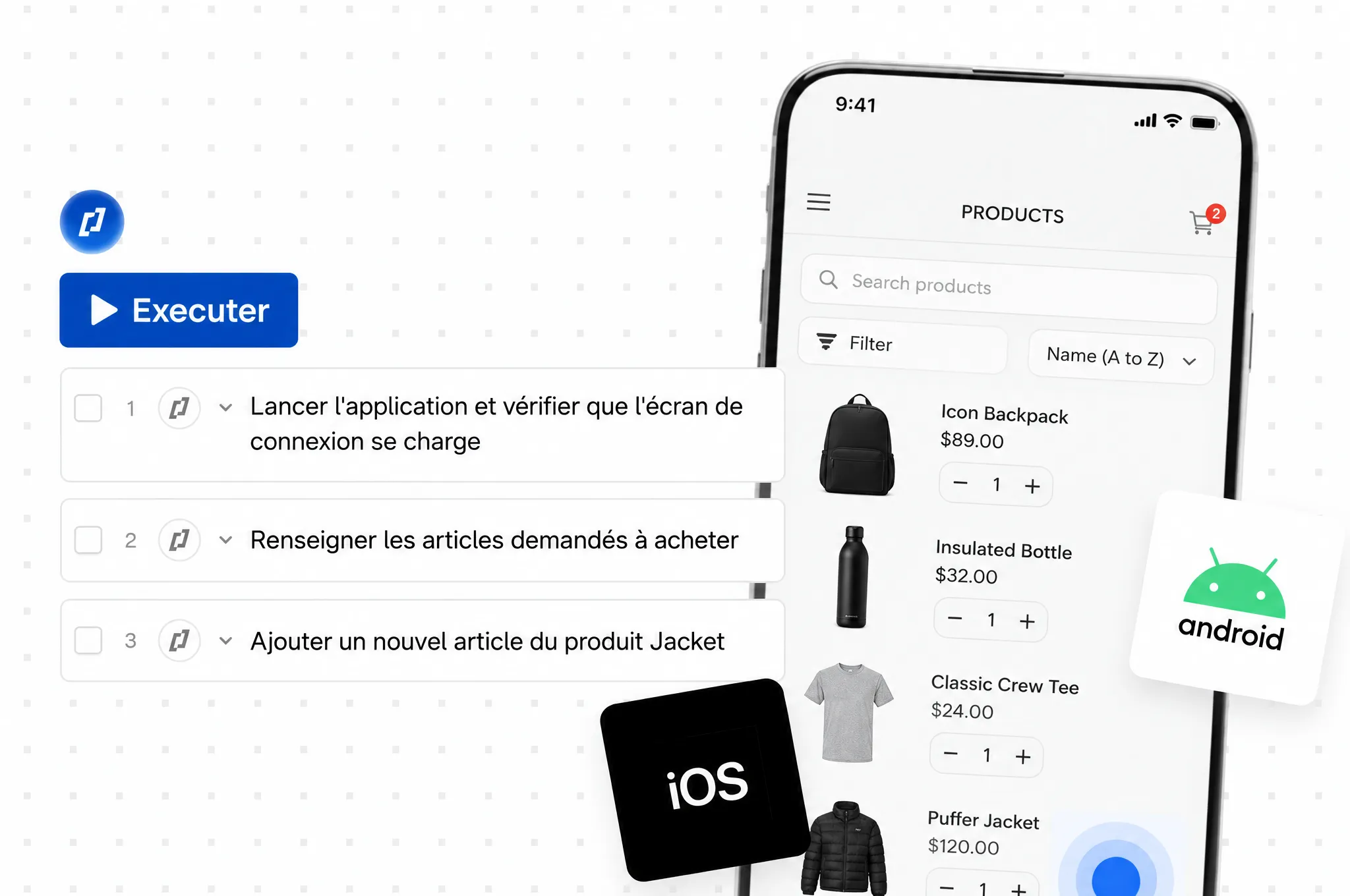 Exécution d'un test mobile Thunders sur une application, avec les étapes de test générées à côté de l'écran iOS et Android